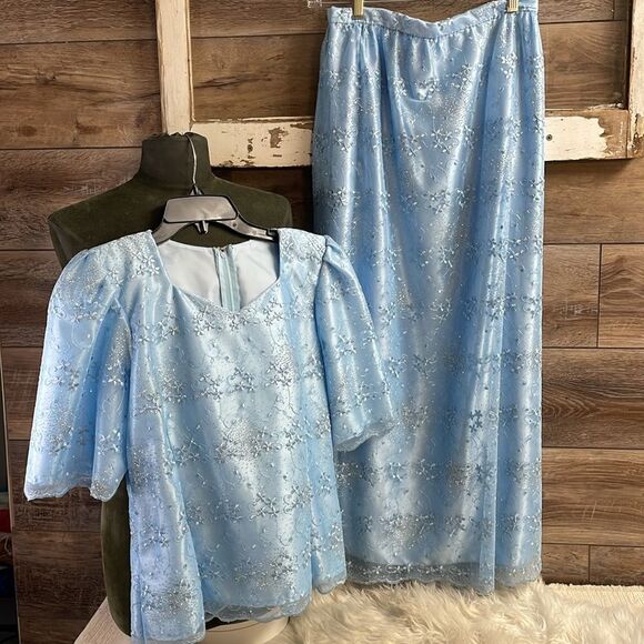 Creative Touch Evening Wear Maxi Skirt Set, Powder Blue , Floral Lace, Size S - Picture 6 of 14